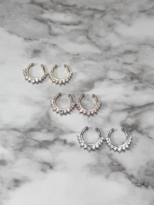 Pair Single Line with Multi Gems Fake Non-Pierced Adjustable Nipple Rings Sterling Silver - Image 2